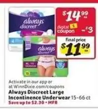 Winn Dixie Always Discreet Large Incontinence Underwear offer
