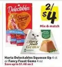 Winn Dixie Hartz Delectables Squeeze Up or Fancy Feast Gems offer