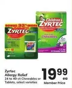 Albertsons Zyrtec Allergy Relief - 24 to 40 - ct Chewables or Tablets, select varieties offer