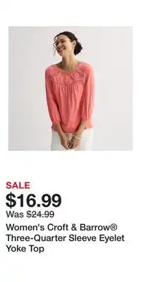 Kohl's Women's Croft & Barrow Three-Quarter Sleeve Eyelet Yoke Top offer