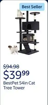 Walmart BestPet 54in Cat Tree Tower, Scratch Posts, Condo, Toys, Dark Gray, Perfect for Active Cats offer