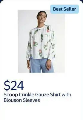 Walmart Scoop Women's Crinkle Gauze Shirt with Blouson Sleeves offer