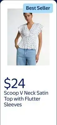 Walmart Scoop Women's V Neck Satin Top with Flutter Sleeves offer