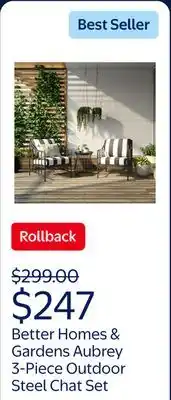 Walmart Better Homes & Gardens Aubrey 3-Piece Outdoor Steel Stationary Chat Set, Stripe Color Cushion offer
