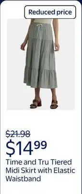 Walmart Time and Tru Women's and Women's Plus Tiered Midi Skirt with Elastic Waistband offer