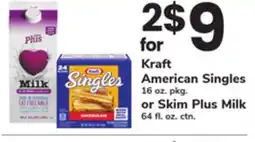 ACME Kraft American Singles 16 oz. pkg. or Skim Plus Milk 64 fl. oz. ctn offer