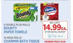 Kings Food Markets 6 DOUBLE PLUS ROLLS BOUNTY PAPER TOWELS, 12 MEGA ROLLS CHARMIN BATH TISSUE offer