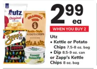 ACME Utz • Kettle or Potato Chips 7.5-8 oz. bag • Dip 8.5-9 oz. can or Zapp's Kettle Chips 8 oz. bag offer