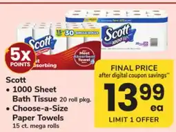 ACME Scott 1000 Sheet Bath Tissue 20 roll pkg., Choose-a-Size Paper Towels 15 ct. mega rolls offer