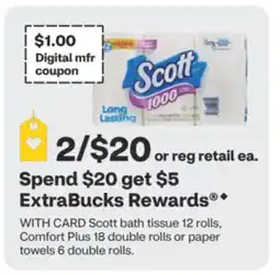 CVS Scott bath tissue 12 rolls, Comfort Plus 18 double rolls or paper towels 6 double rolls offer