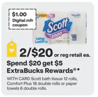 CVS Scott bath tissue 12 rolls, Comfort Plus 18 double rolls or paper towels 6 double rolls offer