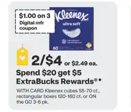 CVS Kleenex cubes 55-70 ct., rectangular boxes 120-160 ct. or ON the GO 3-6 pk offer