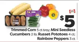 Weis Markets Trimmed Corn 5 ct tray Mini Seedless Cucumbers 2 lb Russet Potatoes 4 ct Rainbow Peppers 3 ct offer