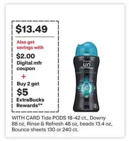 CVS Tide PODS 18-42 ct., Downy 88 oz, Rinse & Refresh 48 oz, beads 13.4 oz, Bounce sheets 130 or 240 ct offer