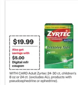 CVS Adult Zyrtec 24-30 ct, children's 8 oz or 24 ct offer
