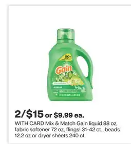 CVS Gain liquid 88 oz, fabric softener 72 oz, flings! 31-42 ct., beads 12.2 oz or dryer sheets 240 ct offer