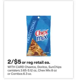 CVS Cheetos, Doritos, SunChips canisters 3.65-5.12 oz, Chex Mix 8 oz or Combos 6.3 oz offer