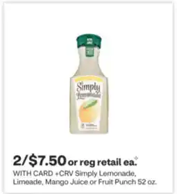 CVS Simply Lemonade, Limeade, Mango Juice or Fruit Punch 52 oz offer