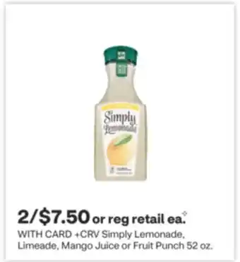 CVS Simply Lemonade, Limeade, Mango Juice or Fruit Punch 52 oz offer