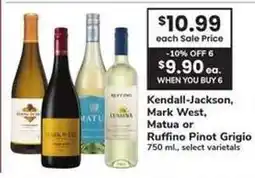 Safeway Kendall-Jackson, Mark West, Matua or Ruffino Pinot Grigio offer