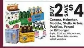 Safeway Corona, Heineken, Modelo, Stella Artois, Pacifico, Peroni or Bitburger offer