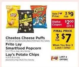 ShopRite Cheetos Cheese Puffs, Frito Lay Smartfood Popcorn, Lay's Potato Chips offer