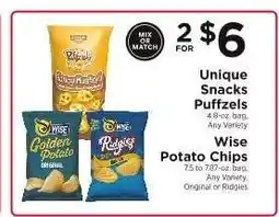ShopRite Unique Snacks Puffzels & Wise Potato Chips offer