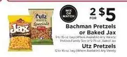 ShopRite Bachman Pretzels or Baked Jax, Utz Pretzels offer