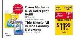 ShopRite Dawn Platinum Dish Detergent Refill / Tide Simply All in One Laundry Detergent offer