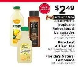 ShopRite Tropicana Refreshers & Lemonades / Pure Leaf Artisan Tea / Florida’s Natural Lemonade offer