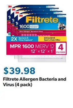 Sam's Club Filtrete Allergen Bacteria and Virus (4 pack) offer