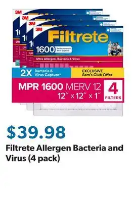 Sam's Club Filtrete Allergen Bacteria and Virus (4 pack) offer