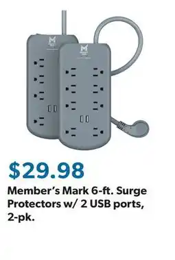 Sam's Club Member's Mark 6-ft. Surge Protectors w/ 2 USB ports, 2-pk offer