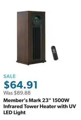 Sam's Club Member's Mark 23 1500W Infrared Tower Heater with UV LED Light offer