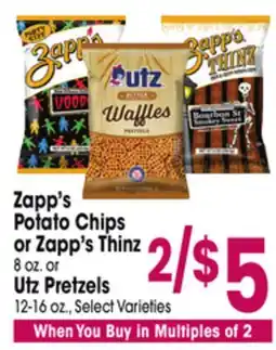 Jewel-Osco Zapp's Potato Chips or Zapp's Thinz 8 oz. or Utz Pretzels 12-16 oz offer