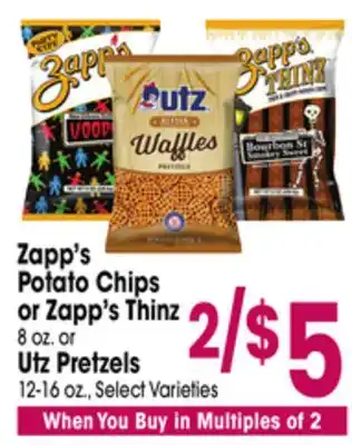 Jewel-Osco Zapp's Potato Chips or Zapp's Thinz 8 oz. or Utz Pretzels 12-16 oz offer