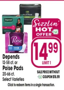 Jewel-Osco Depends 12-58 ct. or Poise Pads 20-66 ct offer