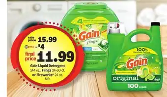 Meijer Gain Liquid Detergent 144 oz., Flings 24-60 ct. or Fireworks 24 oz offer