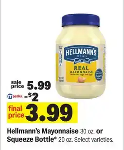 Meijer Hellmann's Mayonnaise 30 oz. or Squeeze Bottle* 20 oz offer