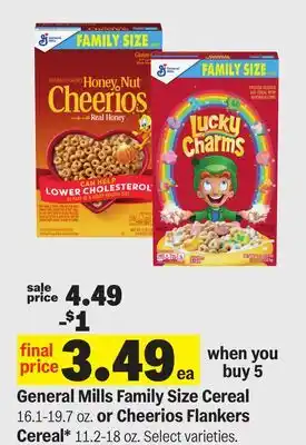 Meijer General Mills Family Size Cereal 16.1-19.7 oz. or Cheerios Flankers Cereal 11.2-18 oz offer