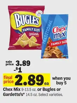 Meijer Chex Mix 9-13.5 oz. or Bugles or Gardetto's* 14.5 oz offer