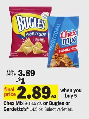Meijer Chex Mix 9-13.5 oz. or Bugles or Gardetto's* 14.5 oz offer