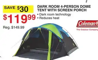 Dunham's Sports DARK ROOM 4-PERSON DOME TENT WITH SCREEN PORCH offer