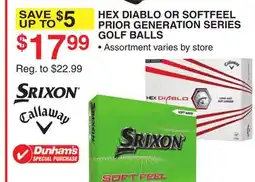 Dunham's Sports HEX DIABLO OR SOFTFEEL PRIOR GENERATION SERIES GOLF BALLS offer