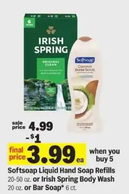 Meijer Softsoap Liquid Hand Soap Refills or Irish Spring Body Wash or Bar Soap offer