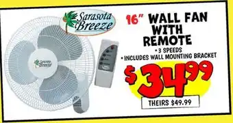 Ollie's SARASOTA BREEZE 16 WALL FAN WITH REMOTE offer