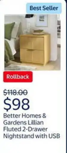 Walmart Better homes & gardens lillian fluted 2-drawer nightstand with USB offer