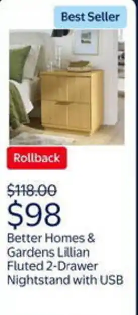 Walmart Better homes & gardens lillian fluted 2-drawer nightstand with USB offer