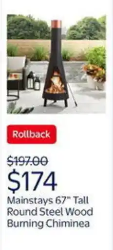 Walmart Mainstays 67" tall round steel wood burning chiminea offer