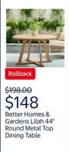 Walmart Better homes & gardens lilah 44" round metal top dining table offer